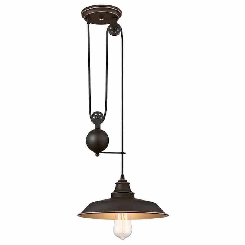 Westinghouse Lighting Iron Hill 6363200 one-light pulley pendant with oil rubbed bronze finish and vintage industrial metal shade