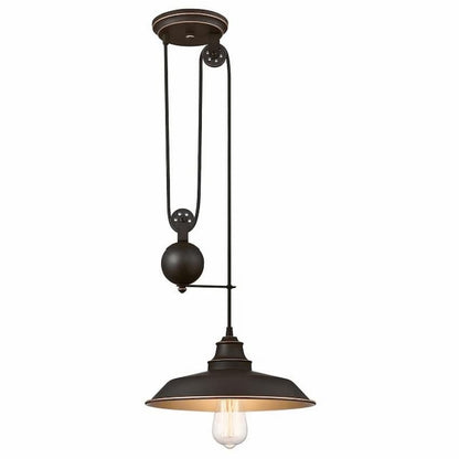 Westinghouse Lighting Iron Hill 6363200 one-light pulley pendant with oil rubbed bronze finish and vintage industrial metal shade
