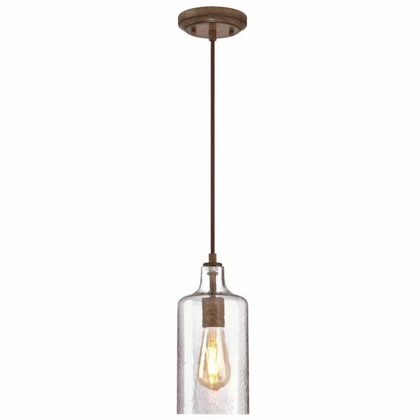 Westinghouse Lighting Carmen 6371300 one-light mini pendant with rustic barnwood finish and hand-blown clear textured glass shade