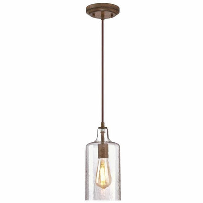 Westinghouse Lighting Carmen 6371300 one-light mini pendant with rustic barnwood finish and hand-blown clear textured glass shade