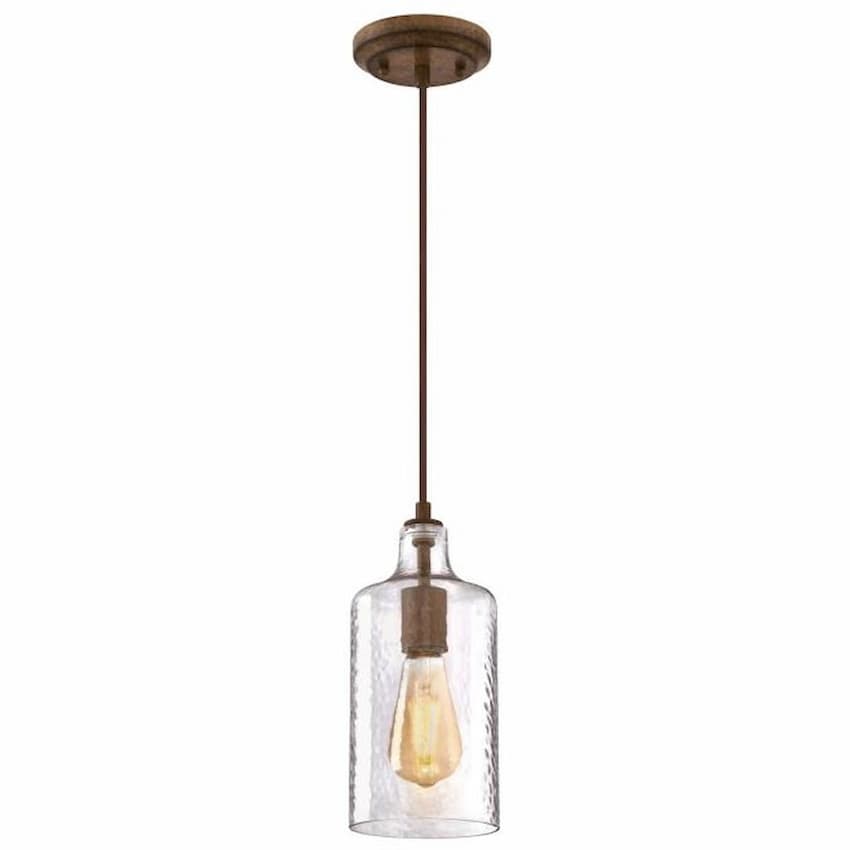 Westinghouse Carmen 6371300 indoor mini pendant featuring clear textured glass shade, barnwood finish and vintage farmhouse design