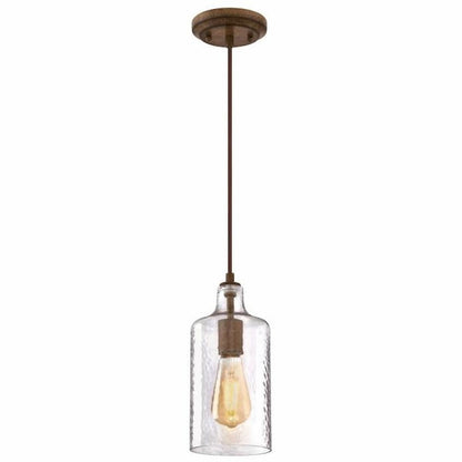 Westinghouse Carmen 6371300 indoor mini pendant featuring clear textured glass shade, barnwood finish and vintage farmhouse design