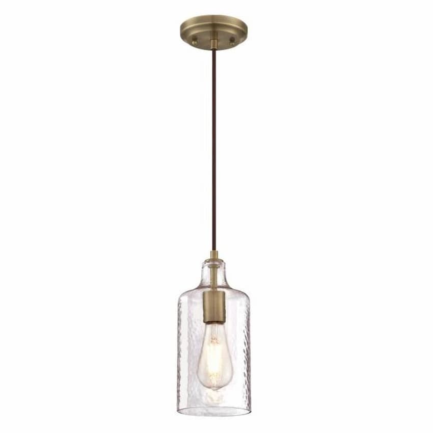 Westinghouse Lighting Carmen 6371400 one-light mini pendant with antique brass finish and hand-blown clear textured glass shade