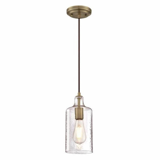 Westinghouse Lighting Carmen 6371400 one-light mini pendant with antique brass finish and hand-blown clear textured glass shade