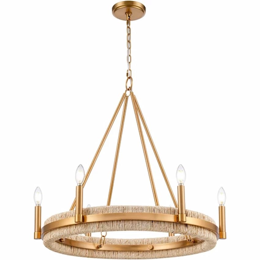 Arabela Lighting Copa 85115-6 29-inch chandelier with Natural Brass finish and woven natural corn leaf detailing
