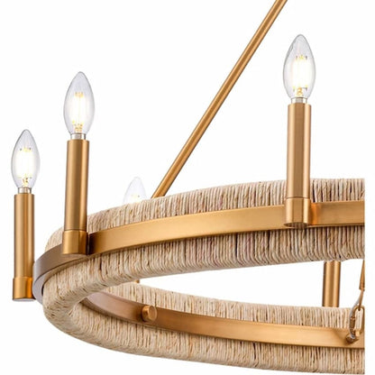 Arabela 85116-10 Copa chandelier featuring handwoven natural corn leaf fibers and elegant Natural Brass iron construction