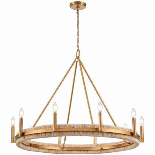 Arabela Lighting Copa 85116-10 41-inch 10-light chandelier with Natural Brass finish and natural Abaca fiber detailing