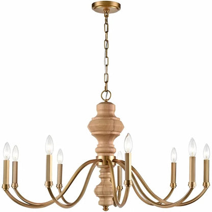Arabela Lighting French Country 85142-9 36-inch chandelier with Natural Brass finish and hand-turned solid wood center column