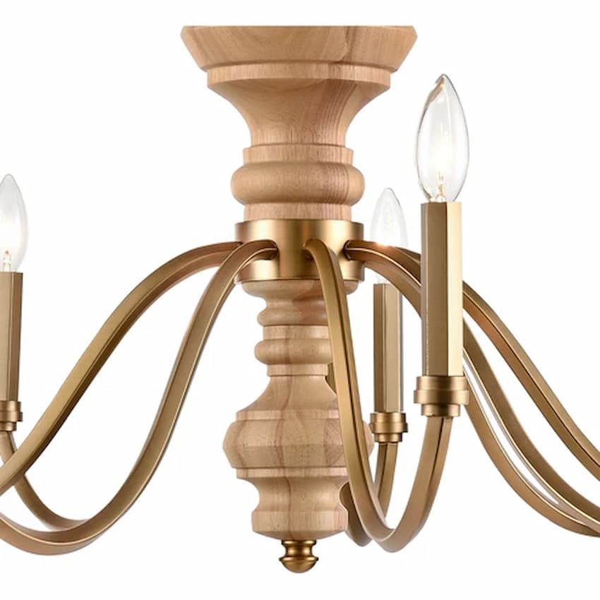 Arabela 85142-9 French Country 9-light chandelier featuring natural wood grain, elegant brass metalwork and classic candle-style arms