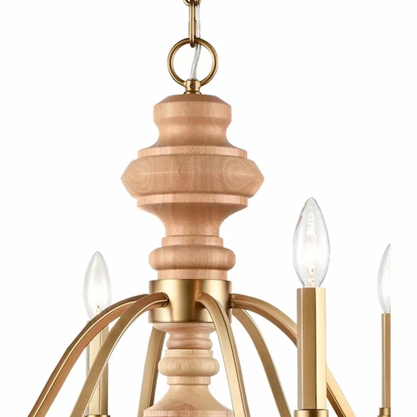 Arabela 85142-9 36-inch chandelier with Natural Brass iron construction and beautifully turned natural solid wood center column