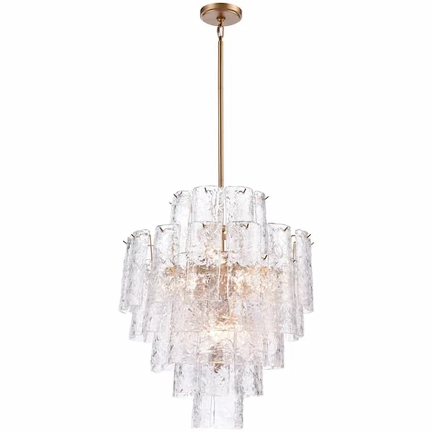Arabela Lighting Fire and Ice 85162-13 29-inch chandelier with Lacquered Gold finish and sculptural textured Clear Glass