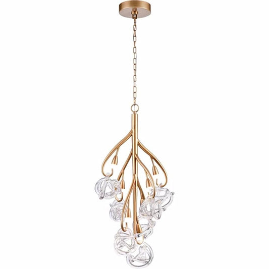 Arabela Lighting Freeform 85181-7 34-inch LED chandelier with Antique Gold Leaf finish and hand-formed clear art glass spheres