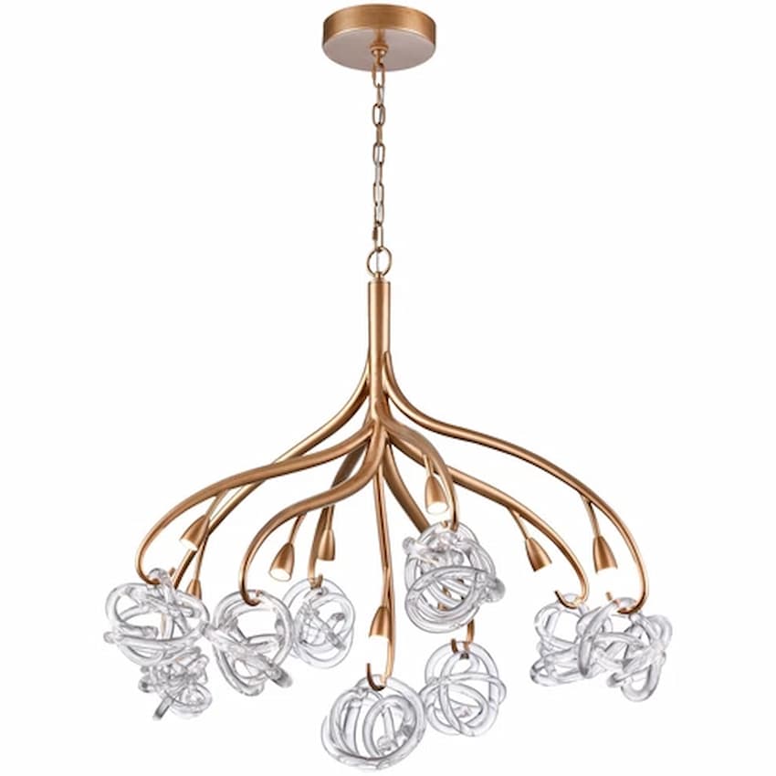 Arabela Lighting Freeform 85182-9 37-inch LED chandelier with Antique Gold Leaf finish and hand-formed clear art glass spheres
