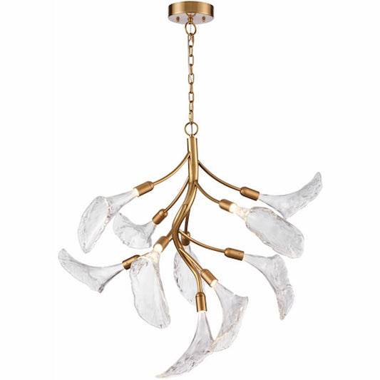 Arabela Lighting Calla 85190-10 32-inch LED chandelier with Natural Brass finish and clear hand-formed floral glass shades