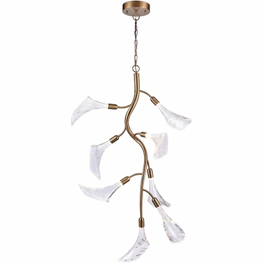 Arabela Lighting Calla 85192-8 52-inch LED chandelier with Natural Brass finish and clear hand-formed glass flowers