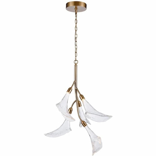 Arabela Lighting Calla 85193-5 33-inch LED chandelier with Natural Brass finish and clear hand-formed glass flower shades