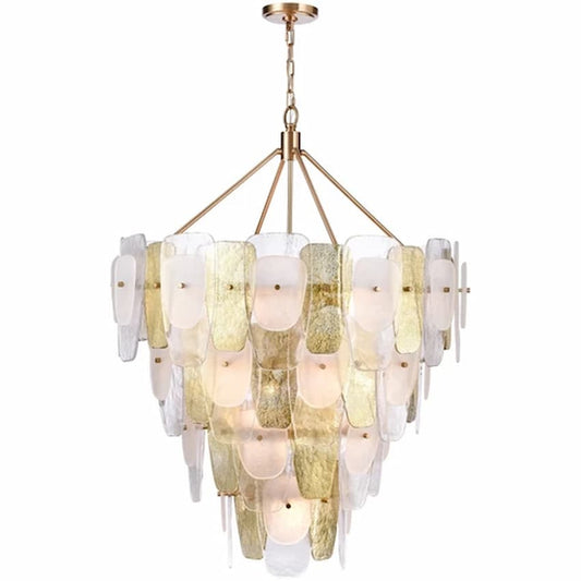 Arabela Lighting Strata 85202-16 48-inch 16-light chandelier with Lacquered Gold finish and layered artistic glass panels