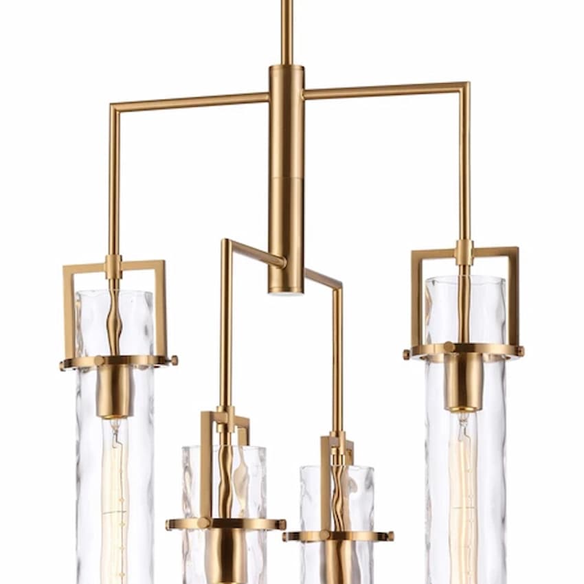 Arabela 85241-4 Jayden 4-light chandelier featuring slender clear water glass shades and elegant Lacquered Gold iron construction