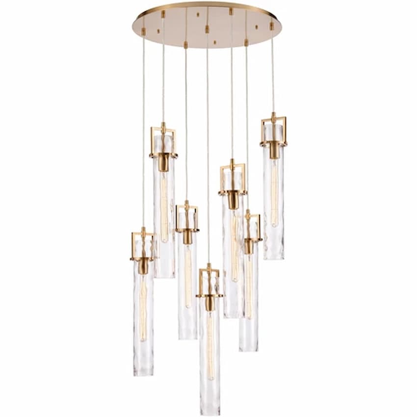 Arabela Lighting Jayden 85244-7 46.5-inch chandelier with Lacquered Gold finish and tall clear rippled water glass panels