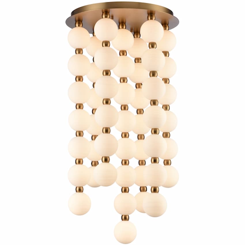 Arabela Lighting Mod 85283-47 40-inch LED chandelier with Satin Brass finish and white striated glass globes