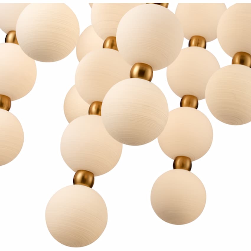 Arabela Lighting Mod 85286-68 modern chandelier with textured white glass spheres, steel construction and warm Satin Brass finish