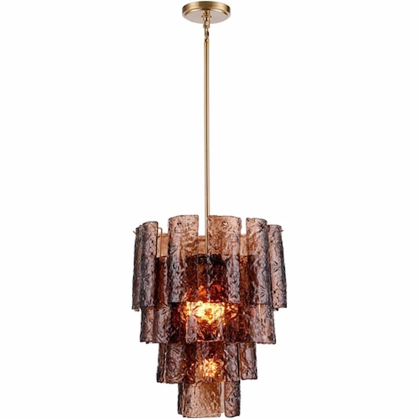Arabela Lighting Fire and Ice 85361-5 21-inch chandelier with Lacquered Gold finish and sculptural textured Dark Amber glass