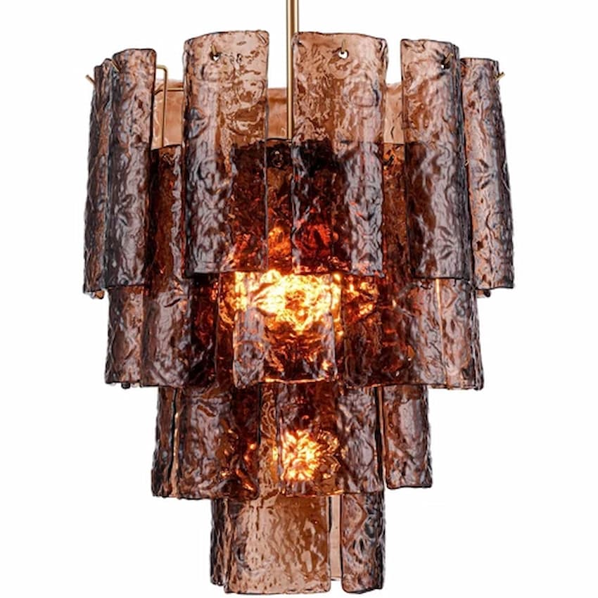 Arabela 85361-5 Fire and Ice 5-light chandelier featuring molten lava-inspired Dark Amber glass and rich Lacquered Gold iron construction