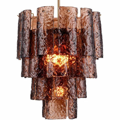 Arabela 85361-5 Fire and Ice 5-light chandelier featuring molten lava-inspired Dark Amber glass and rich Lacquered Gold iron construction