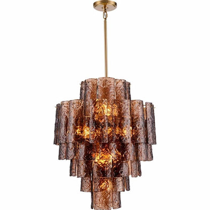 Arabela Lighting Fire and Ice 85362-13 29-inch chandelier with Lacquered Gold finish and sculptural textured Dark Amber glass