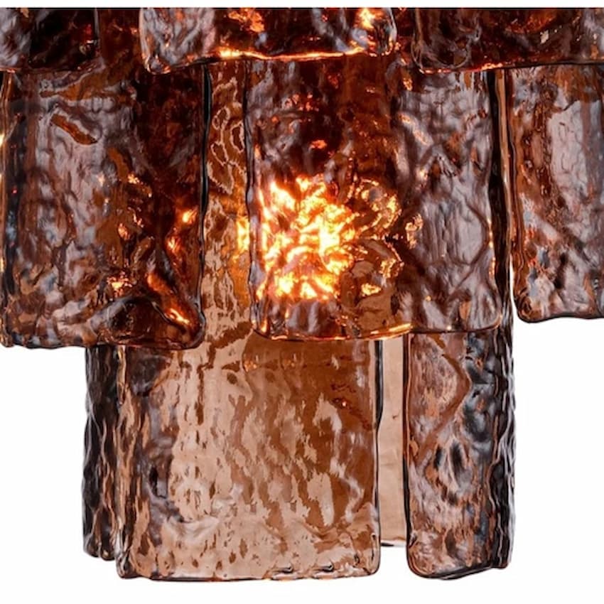 Arabela 85362-13 Fire and Ice 13-light chandelier featuring layered Dark Amber glass slabs and rich Lacquered Gold iron construction
