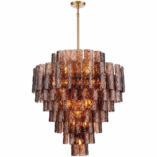 Arabela Lighting Fire and Ice 85363-21 37-inch chandelier with Lacquered Gold finish and textured Dark Amber glass panels