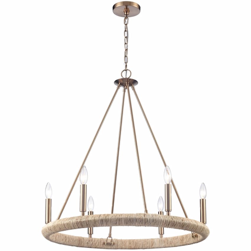 Arabela Lighting Cabana 85431-6 28-inch 6-light chandelier with Lacquered Gold finish and hand-formed dried corn leaf strands