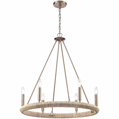 Arabela Lighting Cabana 85431-6 28-inch 6-light chandelier with Lacquered Gold finish and hand-formed dried corn leaf strands
