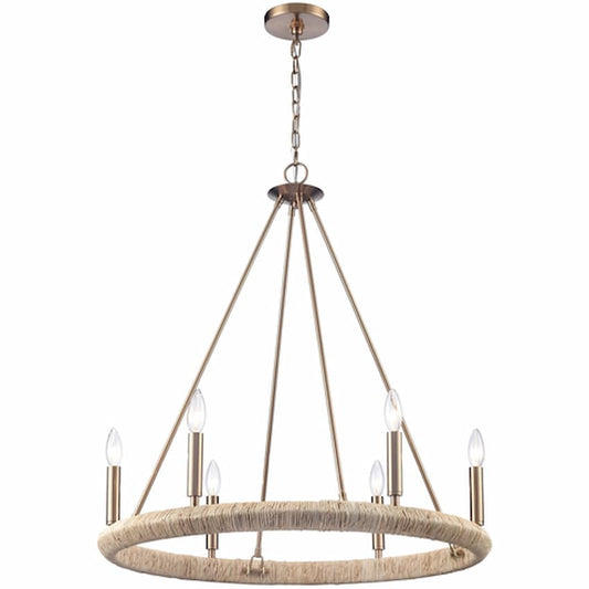 Arabela Lighting Cabana 85431-6 28-inch 6-light chandelier with Lacquered Gold finish and hand-formed dried corn leaf strands