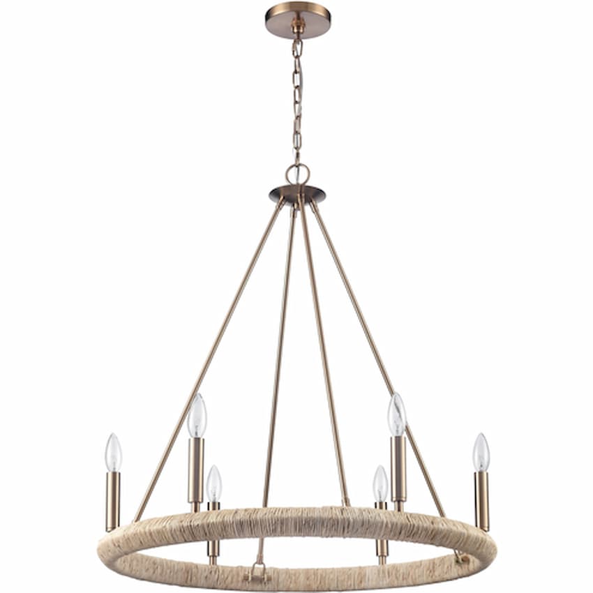 Arabela 85431-6 Cabana chandelier featuring natural dried corn leaf rope detailing and refined Lacquered Gold steel construction