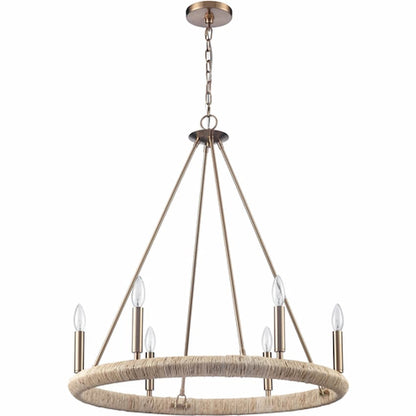 Arabela 85431-6 Cabana chandelier featuring natural dried corn leaf rope detailing and refined Lacquered Gold steel construction