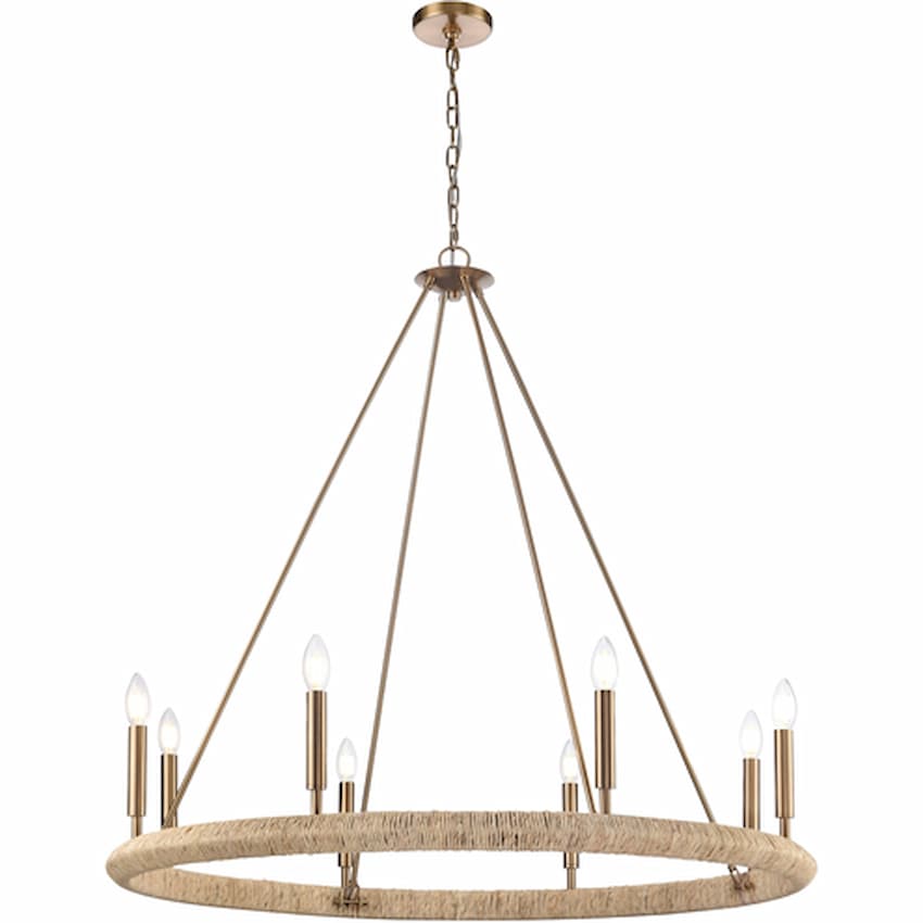 Arabela Lighting Cabana 85432-8 38-inch chandelier with Lacquered Gold finish and hand-formed dried corn leaf rope strands