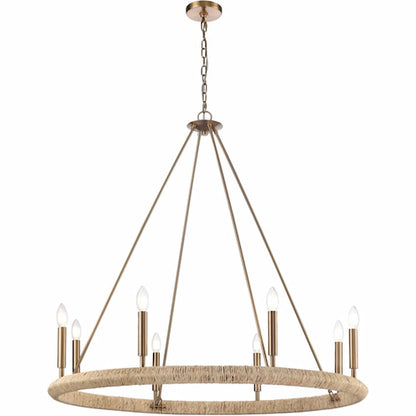 Arabela Lighting Cabana 85432-8 38-inch chandelier with Lacquered Gold finish and hand-formed dried corn leaf rope strands