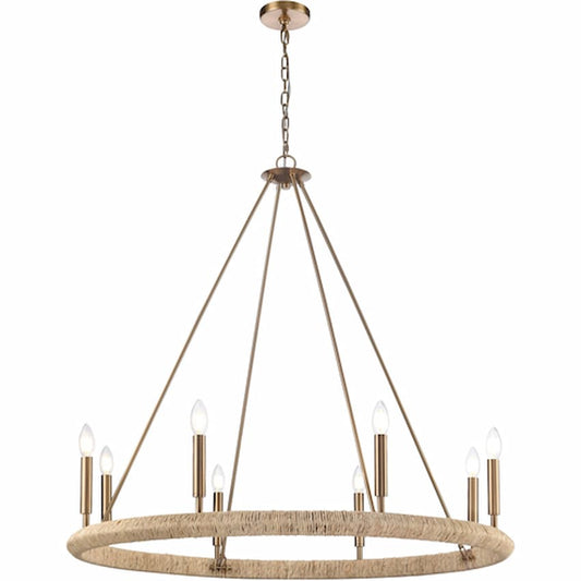 Arabela Lighting Cabana 85432-8 38-inch chandelier with Lacquered Gold finish and hand-formed dried corn leaf rope strands