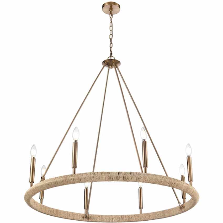 Arabela 85432-8 Cabana 8-light chandelier featuring natural dried corn leaf wrap and refined Lacquered Gold steel frame