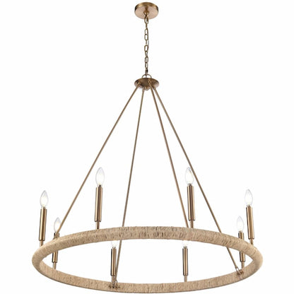 Arabela 85432-8 Cabana 8-light chandelier featuring natural dried corn leaf wrap and refined Lacquered Gold steel frame
