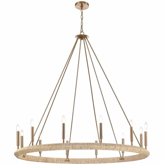 Arabela Lighting Cabana 85433-12 52-inch chandelier with Lacquered Gold finish and natural dried corn leaf rope wrap