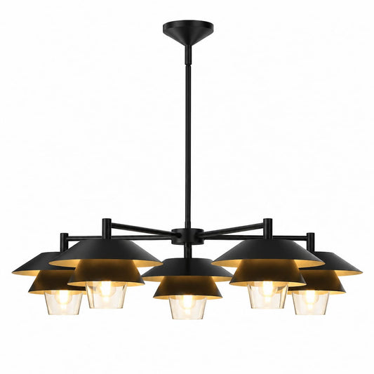 Alora Mood CH475138MBCL Tetsu Chandelier with Matte Black finish, Clear Glass diffusers, and five-light Japandi ceiling lighting design