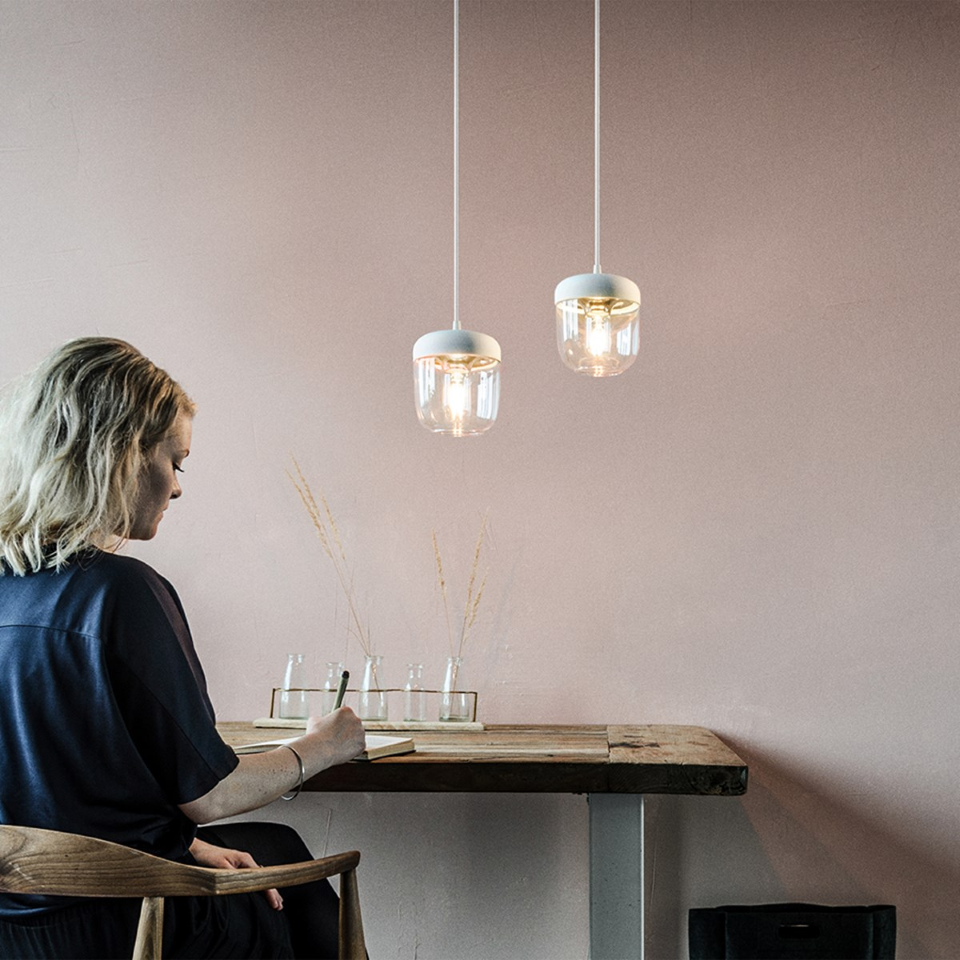 UMAGE Acorn White and Brass Replacement Shade — styled interior view