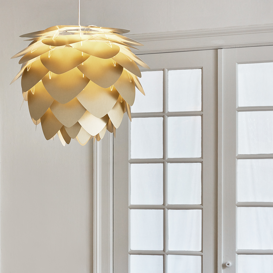 UMAGE Aluvia Medium Brushed Brass Replacement Shade — styled interior view 3