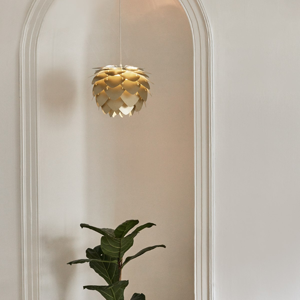 UMAGE Aluvia Mini Brushed Brass Replacement Shade — styled interior view 3