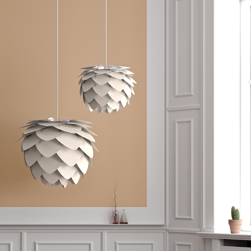 UMAGE Aluvia Medium Pearl White Replacement Shade — styled interior view