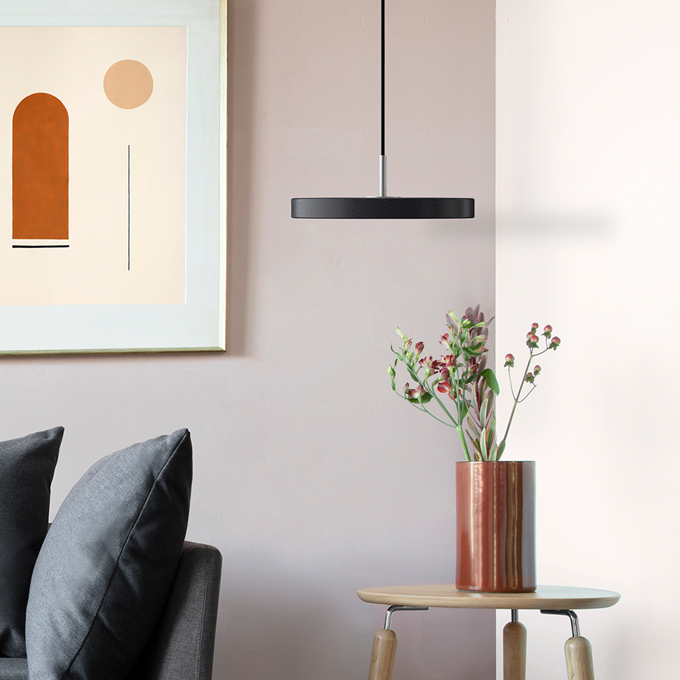 UMAGE Asteria Mini LED Pendant in Anthracite with Steel Connector — styled interior view