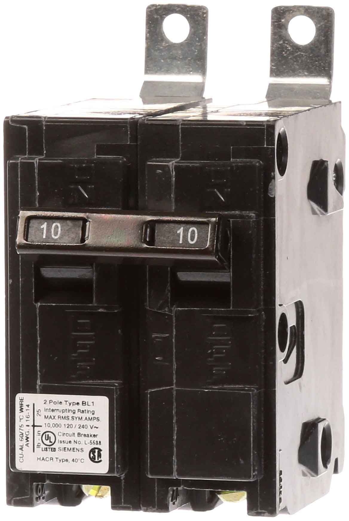 Siemens 10A 2-Pole 120/240V Bolt-On Circuit Breaker 10kA Interrupt Rating