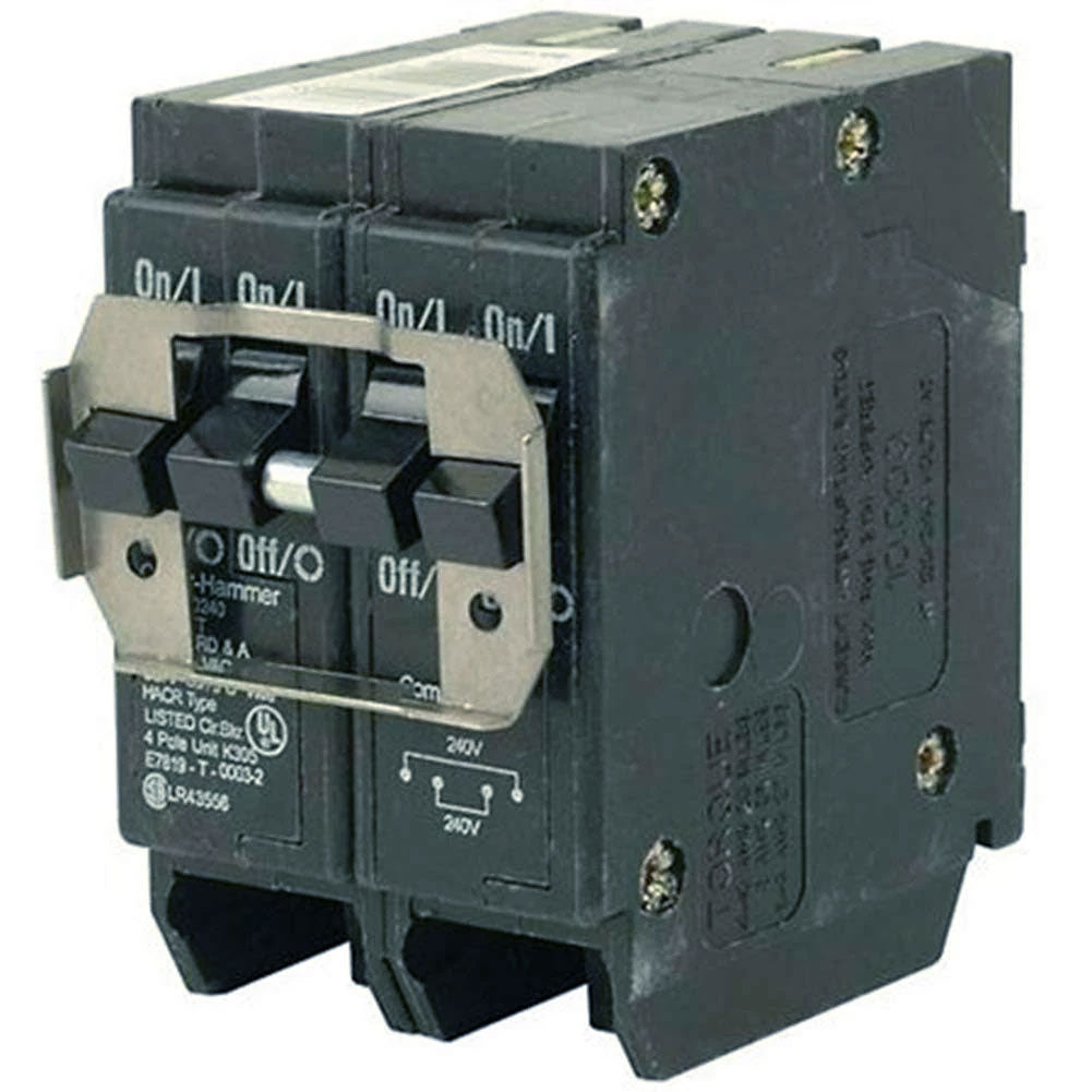 Cutler Hammer Quad Circuit Breaker, 15A/30A, 120/240V, 4-Pole, Plug-On Mount, 10kAIC, BR Series, Thermal Magnetic Trip, UL Listed